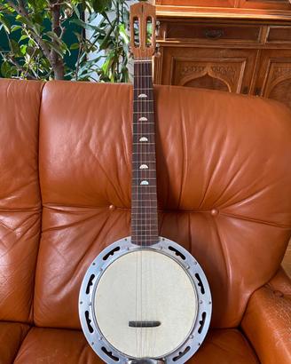Banjo vintage open-back con intarsio figurativo
