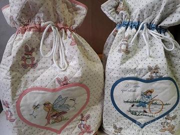 NUOVO Sacco porta-giochi bimbo ricamo punto croce