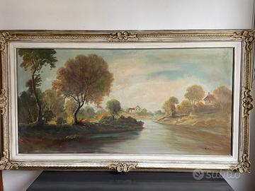 Dipinto a olio su tela "Paesaggio Fluviale"