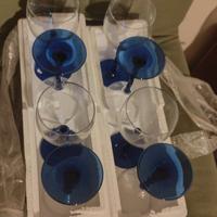 Set 8 calici vetro gambo blu cobalto