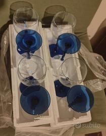 Set 8 calici vetro gambo blu cobalto
