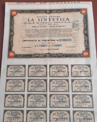 Az. LA SINTETICA 10 - Certificato azionario antico