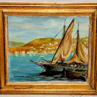 Quadro con barca a vela dipinto a olio.