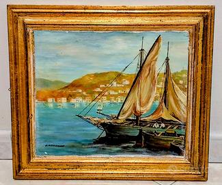 Quadro con barca a vela dipinto a olio.