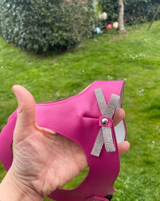 Pettorina cane in vera pelle fucsia con strass