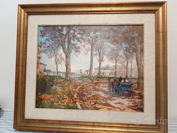 Dipinto Olio su Tela Parco Autunnale  Carrozza 
