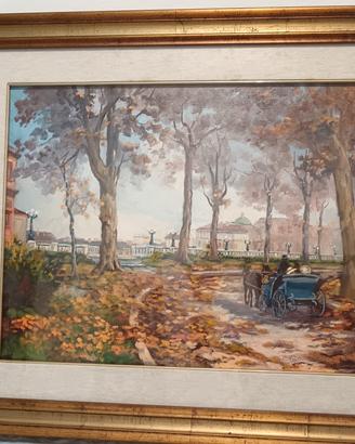 Dipinto Olio su Tela Parco Autunnale  Carrozza 