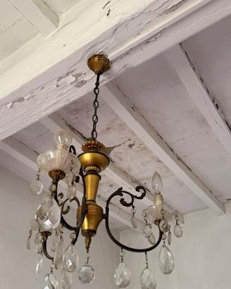 Lampadario dorato pendenti cristallo vintage