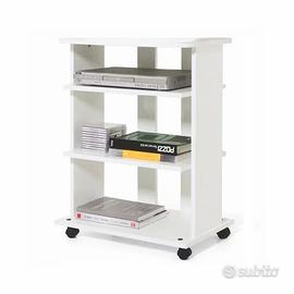 Carrello porta TV, PC, in legno bianco, con ruote