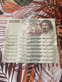 8 banconote 100000 lire caravaggio primo tipo