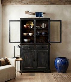 Antica credenza a vetrina nera in legno massello