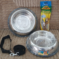 Ciotole inox + guinzaglio e collare + osso