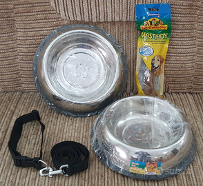 Ciotole inox + guinzaglio e collare + osso