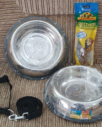Ciotole inox + guinzaglio e collare + osso