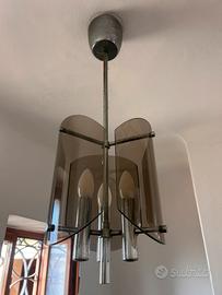 Lampadario vintage anni ‘70 vetri fumè acciaio