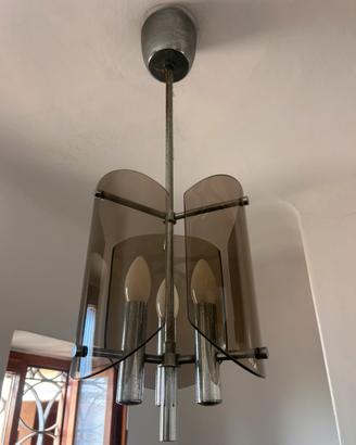 Lampadario vintage anni ‘70 vetri fumè acciaio
