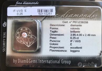 Diamante brillante 0,25 carati purezza VVS color E