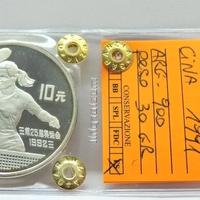 Cina 1991 - 10 YUAN Ag -OLIMPIADI, PING-PONG Proof