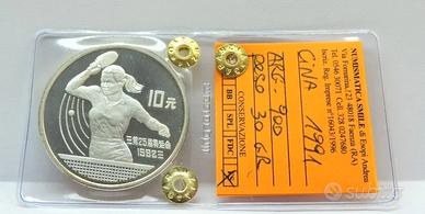 Cina 1991 - 10 YUAN Ag -OLIMPIADI, PING-PONG Proof