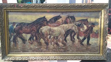 Dipinto antico cordata di cavalli con stallieri