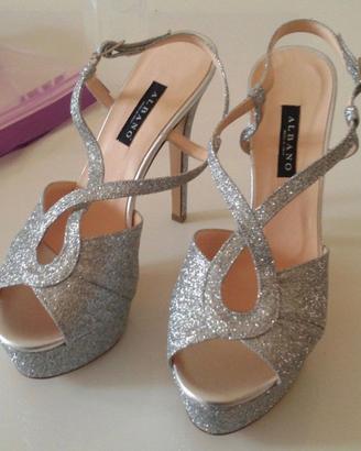 Sandali Albano pelle argento con tacco e plateau