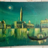Olio su tela Venezia notturna  con gondola 59×44
