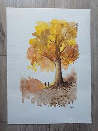 dipinto ad acquerello "innamorati sotto quercia"