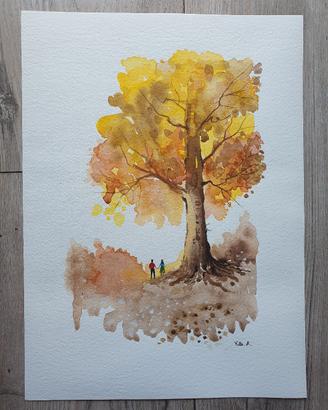 dipinto ad acquerello "innamorati sotto quercia"