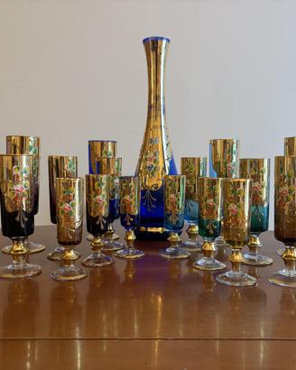 Servizio bicchieri Murano oro e smalti + bottiglia