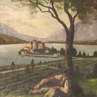 Riposo contadino a Castel Toblino - olio su tavola