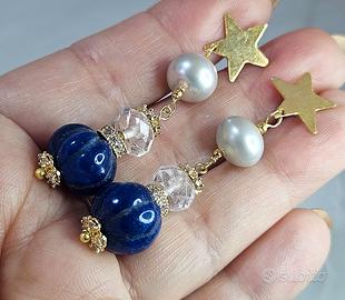 Orecchini in argento 925, zaffiri, perle, ametista