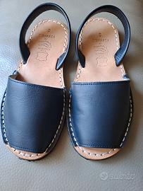 Sandalo Minorchina bambina in pelle blu e cuoio