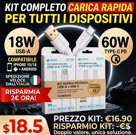 Set 2 Cavi Ricarica Rapida x iPhone 15/16 e tutti 