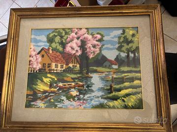 quadro ricamato casa fiume