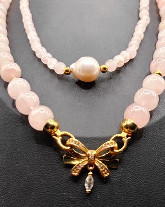 collana in quarzo rosa doppio giro
