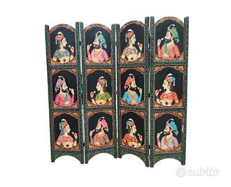 Paravento separé indiano in legno dipinto Mughal