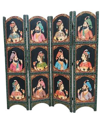 Paravento separé indiano in legno dipinto Mughal