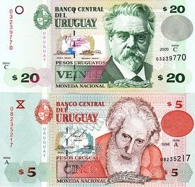 2 banconote  URUGUAY 5+20 pesos Pick 80+83 UNC