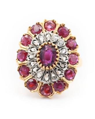Anello Vintage oro e argento con Rubini e Diamanti