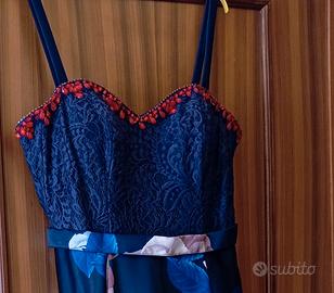 Abito lungo da cerimonia blu navy stampa floreale