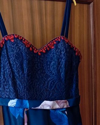 Abito lungo da cerimonia blu navy stampa floreale