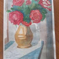 vaso con rose rosse. acquerello