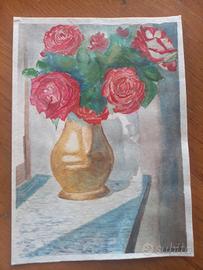 vaso con rose rosse. acquerello