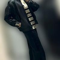 Bomber in pelle nera trapuntato invernale vintage