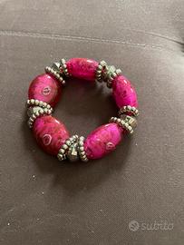 Bracciale Elastico Fucsia Perle Grandi Stile Boho
