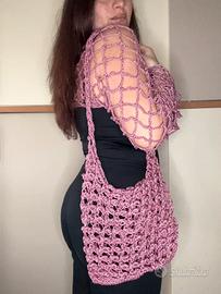 Borsa a rete a spalla rosa antico uncinetto cotone