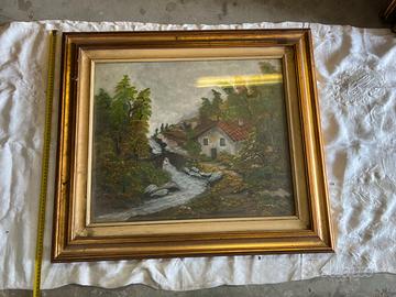 Grande quadro antico paesaggio montano con baita