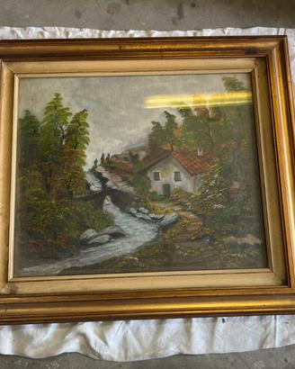 Grande quadro antico paesaggio montano con baita