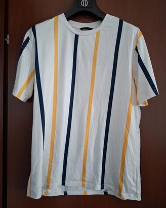 Maglietta Shein bianca con righe gialle e blu