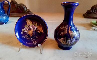 Pavone giapponese Kutani blu cobalto reale e oro